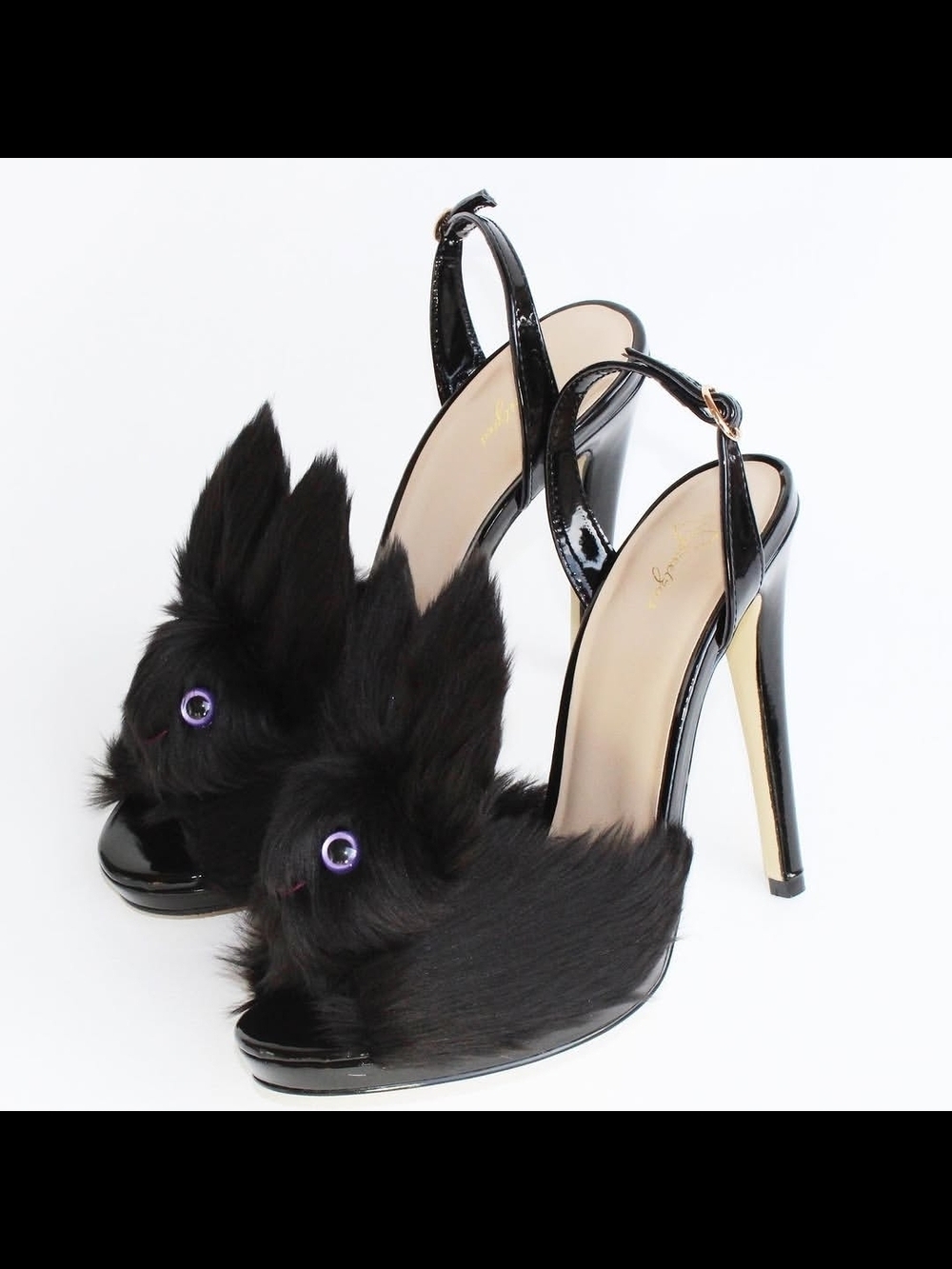 Black Bunny Fur Slingback Heels - Women